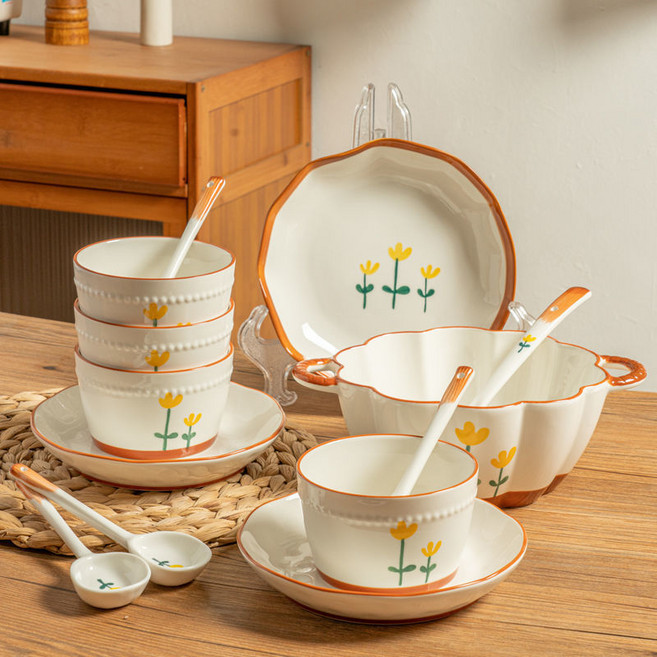 들국화 도자기 식기 반찬그릇 가정용식기 대용량 국그릇, 1세트, 8인치 국수 그릇*2P