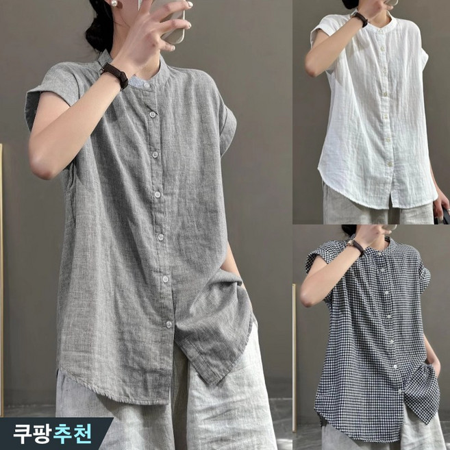 (고품질 추천) 90kg까지 빅사이즈 여성 일본 체크 린넨 차이나 반팔 셔츠 여름 편한 모던 빈티지 디자인 면 마 단추 우아한 심플 부드러운 시원한 캐주얼 이쁜곳 남방