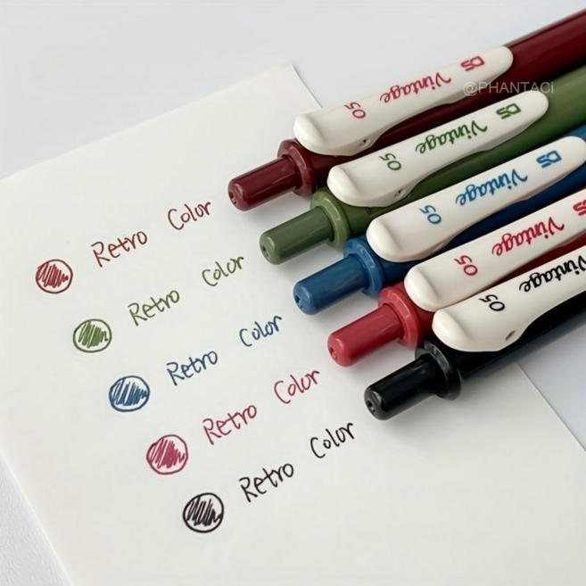 레트로 감성 빈티지 컬러 젤 펜 5색 세트, 1세트, 혼합컬러(레드,올리브,블루,핑크,블랙)