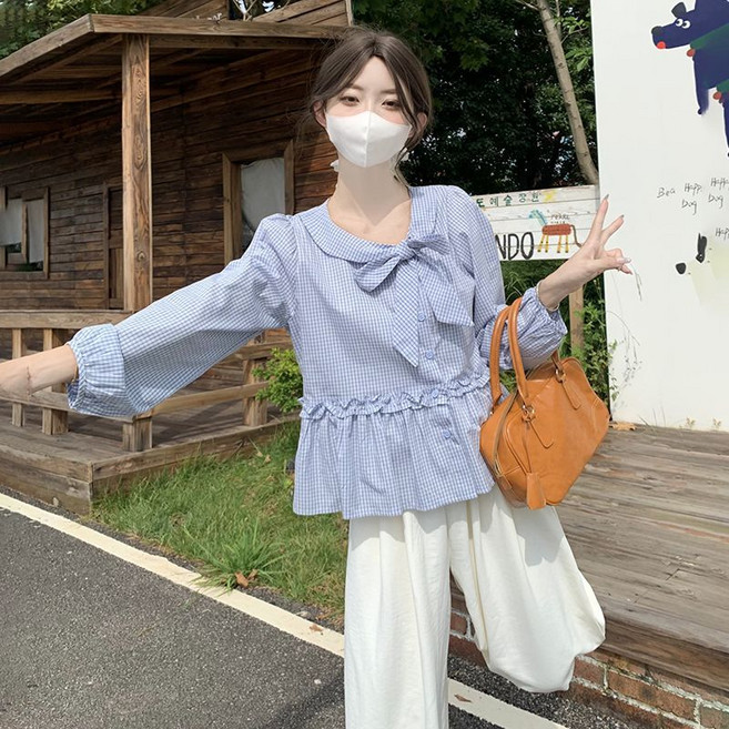 Choyur여성 귀여운 체크 긴팔 셔츠 리본 넥타이와 러플 디자인wjj