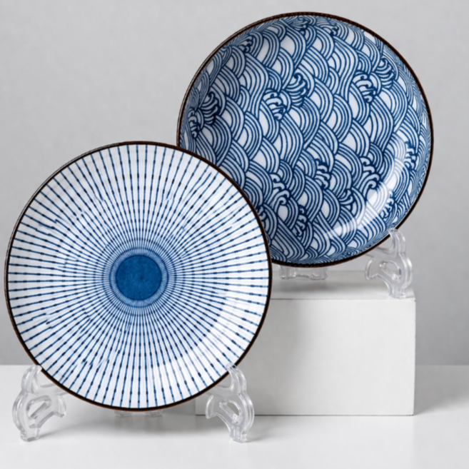 [트라움] 일본풍 도자기 원형 접시 그릇 식기세트 2P세트, 화이트블루, 스트라이프+빗살무늬, 2개