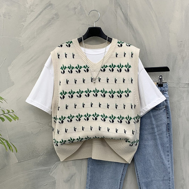 행복여 푸릇 새싹 패턴 니트 조끼