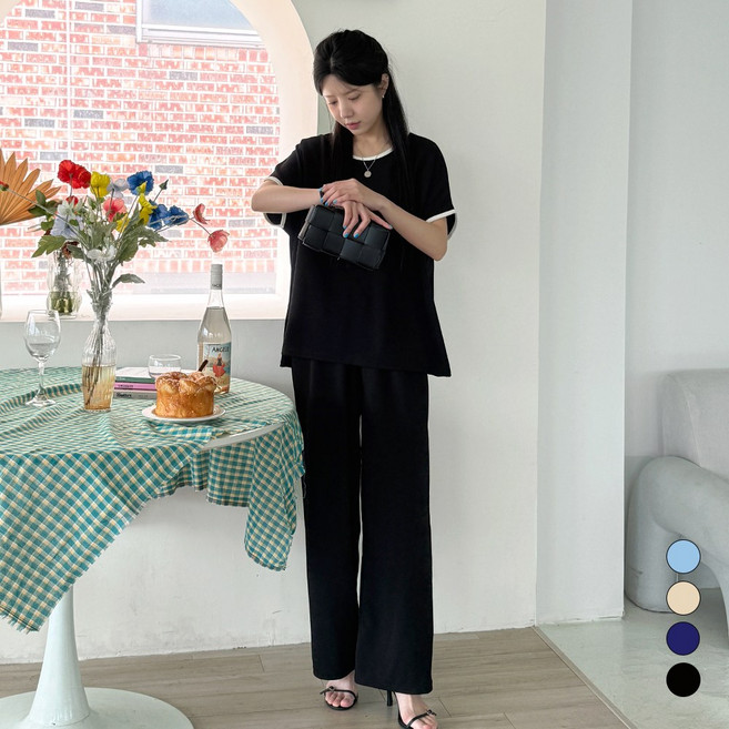 디테일웨어 여성 디바 배색 반팔 투피스 세트 빅사이즈 상하세트 임부복 홈웨어 밴딩 와이드팬츠 꾸안꾸룩 여름세트