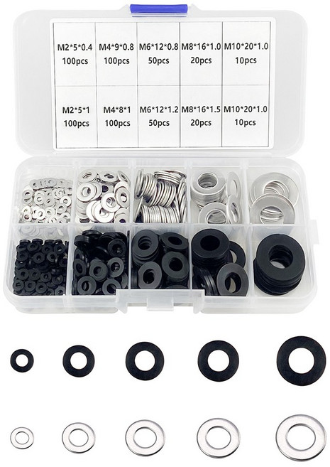 560개 금속 평 와셔 검은색 나일론 와셔 절연 원형 와셔 와셔 씰 키트 평 수리 와셔 나사 및 볼트용 대형 OD 평 와셔 기계 가정용 산업용 도어 경첩용(M2-10), 1개