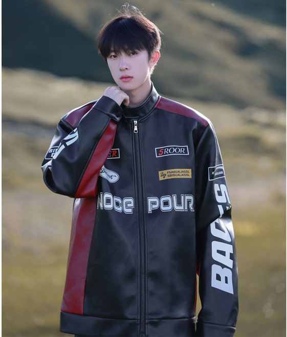 couyor 오토바이자켓 바이크자켓 레이싱복 남자 PU 레이싱웨어 레더 재킷 남자 봄가을 아메리칸 라이더 코트, 레드블랙