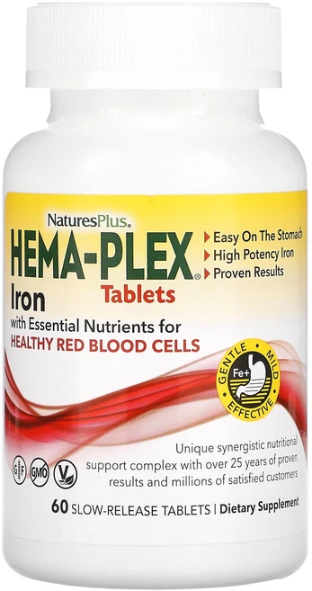 NaturesPlus Hema-Plex 건강한 적혈구를 위한 필수 영양소가 함유된 철분 서방정 60정, NaturesPlus Hema-Plex 건강..., 1개 - 쿠팡