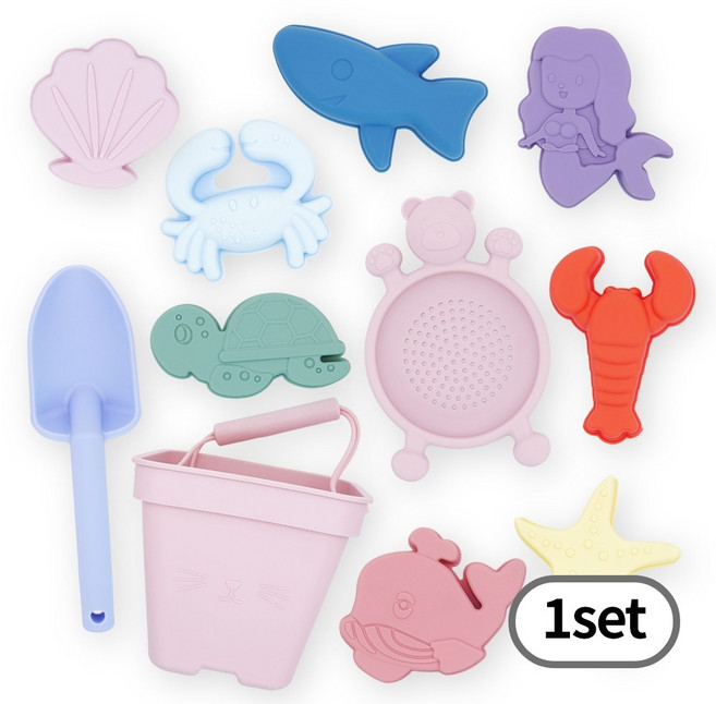 토이토 실리콘 모래놀이 11pcs 올인원 세트 접이식 소프트 샌드토이, 사각형 해양생물 세트, 1개