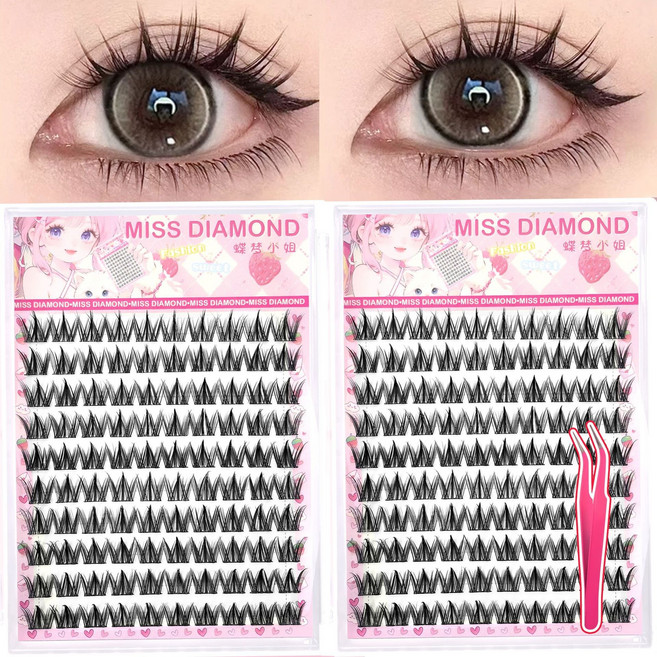 MEMEU 가짜 속눈썹 캐릭터 스타일 볼륨 속눈썹 (쉽게 붙이는 클러스터 타입/가벼운 착용감), 1개, 200클러스터 무접착제 강아지 스타일+골드 페더 핀셋