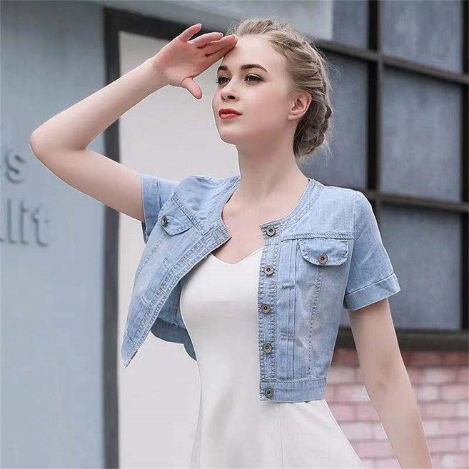 besteffie 여성 여름 반팔 짧은 청자켓 캐주얼 단추 장식 가벼운 데님 자켓 라운드넥 슬림핏 시원한 자켓 K92
