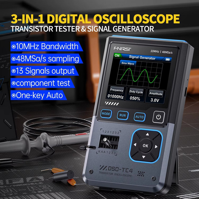 FNIRSI DSO-TC4 한글지원 3-in-1 디지털 오실로스코프 신호발생기 트랜지스터 테스트, 1개