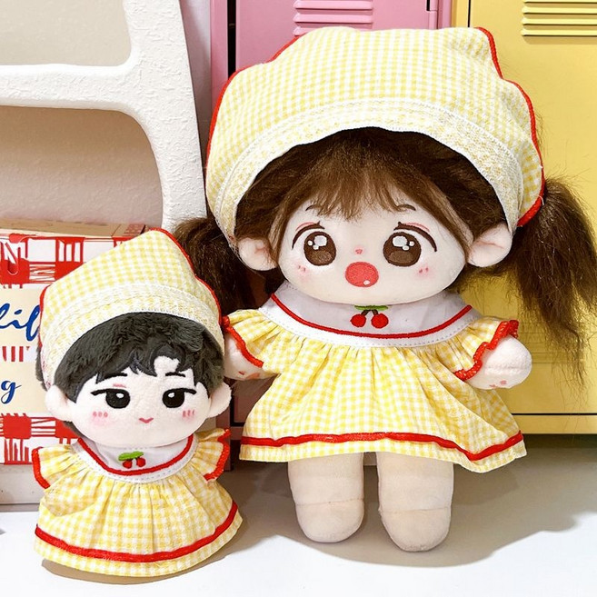 모카돌 10cm 20cm솜인형옷 앵두체크 원피스 두건, 1개, 옐로우