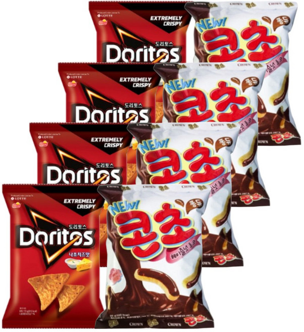 롯데 크라운 과자세트 도리토스 나쵸치즈 84gx4개+콘초 가나슈 66gx4개 (총8개), 1세트, 600g
