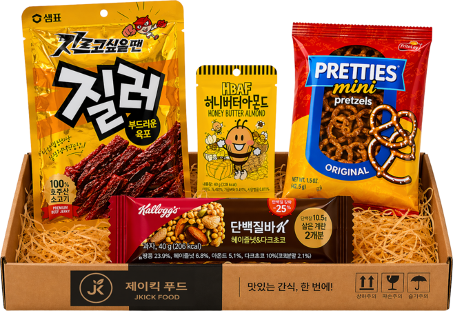 [제이킥푸드]혼술 안주세트 간식세트 질러육포 바프허니버터아몬드 켈로그단백질바 프레티스프레첼, 1세트, 혼합4종