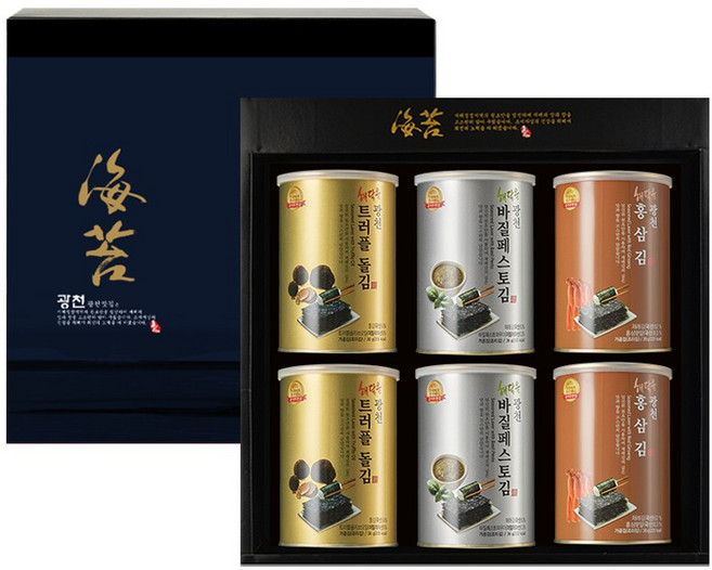 명품 해달음 광천 트러플 아보카도유 홍삼 재래김 도시락캔김 고급 답례품 쇼핑백포함 6캔 선물세트, 1세트