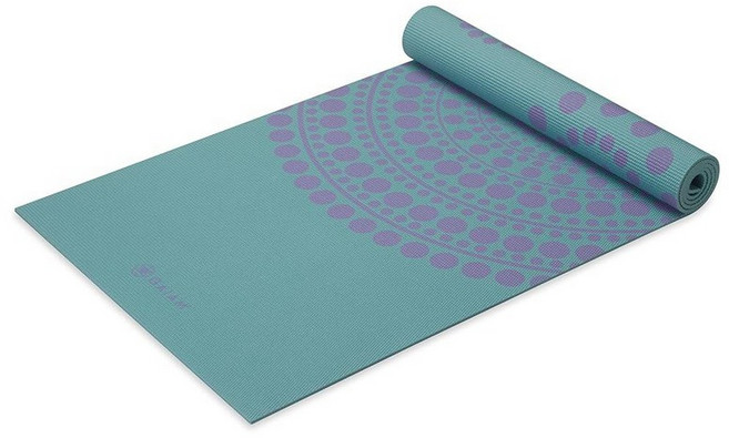 Gaiam 요가 매트 프리미엄 프린트 양면 매우 도톰한 미끄럼 방지 요가용 피트니스 매트 필라테스 및 바닥 운동용 6mm 보호 포크 131228, 아쿠아 트랜스