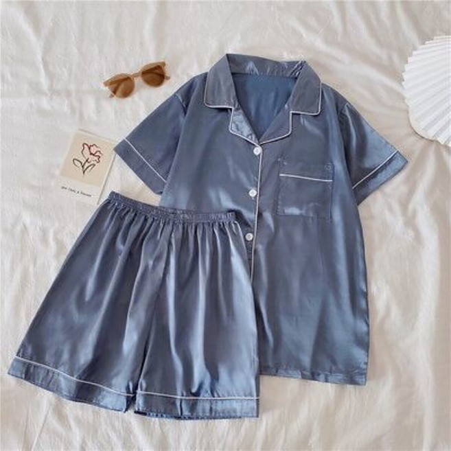 ROYALBELLE 여성 아이스실크 홈웨어 세트 반팔 티셔츠 루즈핏 편안한 심플 반바지 투피스 실내복 F0041819