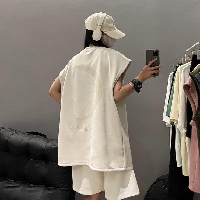 AOKADA 민소매 오버핏 커플티 롱티 남녀공용 여름 힙합티 카고 티셔츠