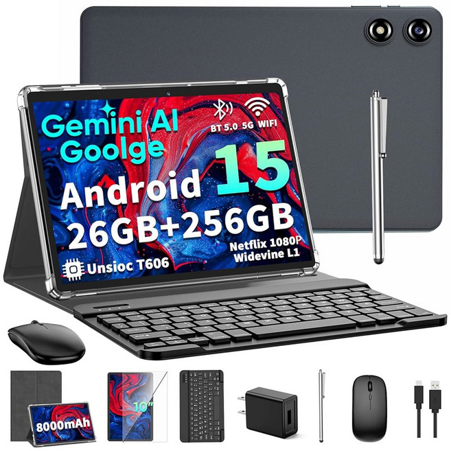 2026 10인치 안드로이드 15 태블릿(키보드 ) 26GB+256GB 2TB 옥타코어 제미니 AI 태블릿 PC 8000mAh 5G WiFi GPS GMS 와이드바, Green, Green, 256GB