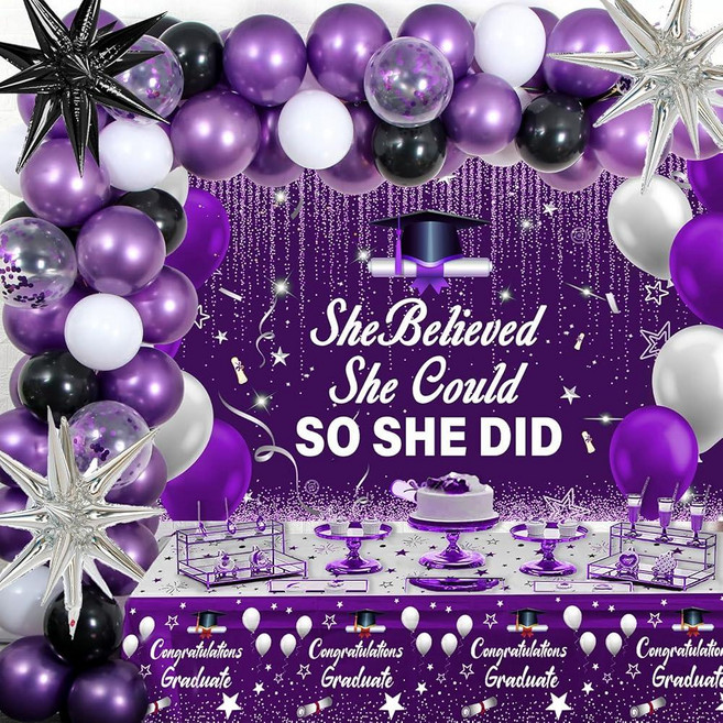 졸업 장식 2026 퍼플 골드 2026 파티 세트 She Believed Could So Did 배경 배너 풍선 여아용 대학 고등학교 간호사 파티용 205673, Purple & Black