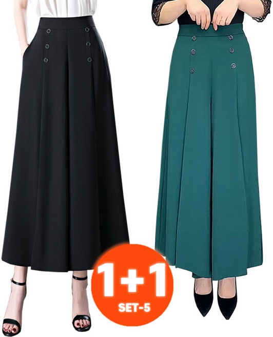 1+1 2장묶음 하이웨스트 캐주얼 와이드 치마바지 버튼 찰랑찰랑 빅사이즈 9부 밴딩 슬랙스 롱 플레어 중년여성 엄마바지