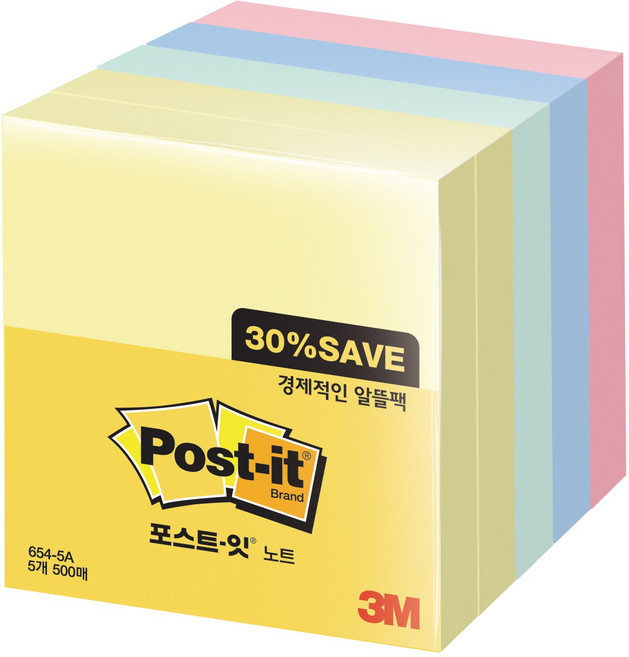 쓰리엠 포스트잇 노트 알뜰팩 654-5A, 혼합색상, 500매, 1개