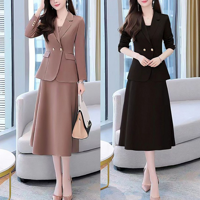 봄 여름 여성 원피스 세트 정장 자켓 + 나시 롱 원피스 슬림핏 오피스룩 데일리 면접룩 투피스 세트