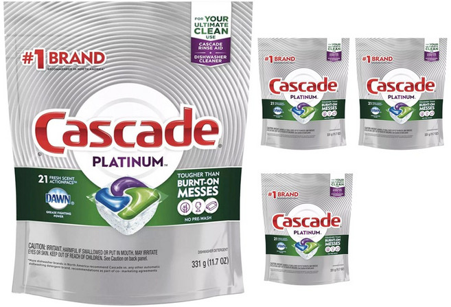 Cascade 플래티넘 프레시 향 식기세척기용 세제 21개입, 331g, 4개