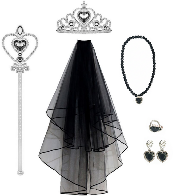 [청춘교복] 공주 생일 파티 용품 5종세트+베일 브라이덜샤워 셀프웨딩 축하 연말 선물 소품 프린세스 코스튬 주얼리 왕관 요술봉 면사포 목걸이 액세사리, 1개, 블랙