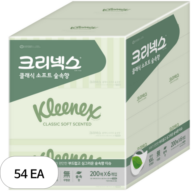 크리넥스 클래식 소프트 숲속향 천연펄프 미용티슈 2겹, 200매, 54개