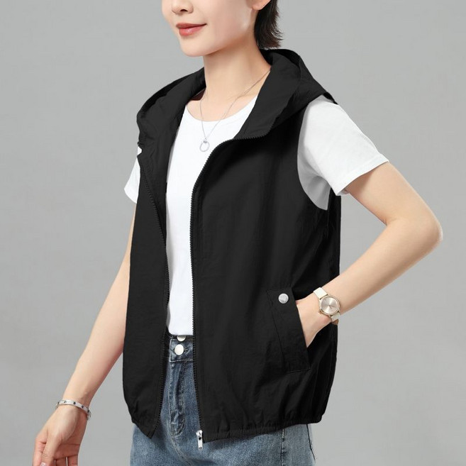 여성용 빅 사이즈 후드 조끼 중년 캐주얼 메쉬 얇은 자켓 조끼 뉴타임즈