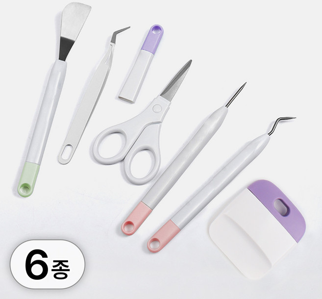 투데이리빙 다꾸 꾸미기 커팅 도구 세트 헤라 + 핀 + 후크 + 핀셋 + 가위 + 스크래퍼 포함 6종 패키지 스티커 조각 족집게 다용도 공예 키트, 6개입, 1세트, R98461W(화이트