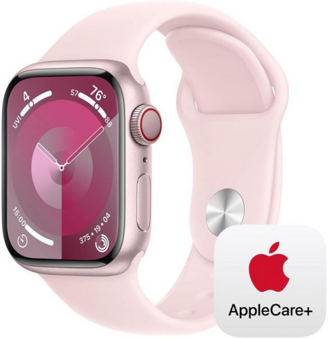 애플 워치 시리즈 9 GPS 셀룰러 41mm 스마트워치 핑크 알루미늄 케이스와 스포츠 밴드 SM 애플케어 플러스2년, Pink Aluminum Case with Light, 41mm Case, S/M - fits 130–180mm wrists
