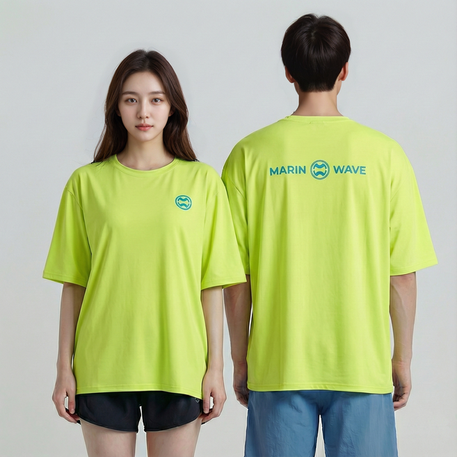 마린웨이브 남녀공용 반팔 루즈핏 래쉬가드 수영복 상의 티셔츠, 형광그린