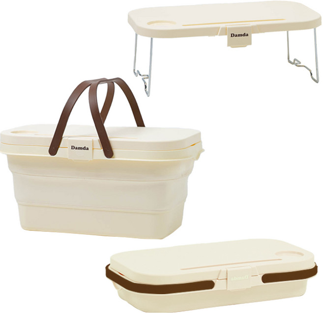 트렌드컨테이너 피크닉 다용도 접이식 테이블 박스 세트 캠핑 낚시 피크닉 바스켓, 1단, 1개, 아이보리