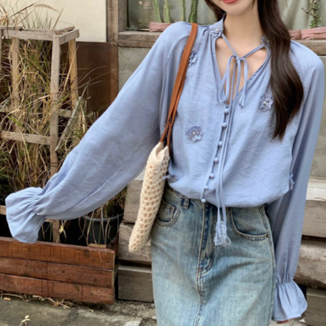 바이미니 노카라 리본 끈 콩 단추 플로랄 블라우스