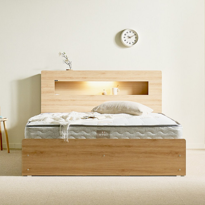 (매트포함)보루네오 국내제작 LED 멀티수납 고급형 통서랍 침대프레임 SS Q+호텔용 양면 매트리스(수도권 희망일배송 방문설치), 03.헤이즈(오크) 6회전 본넬매트