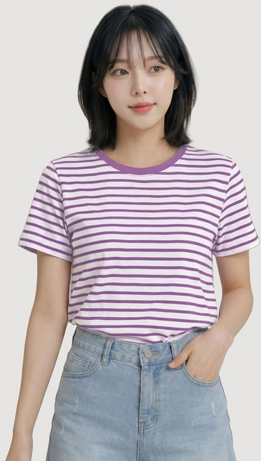 엠제이스타 여성용 베이직 줄무늬 라운드넥 스트라이프 반팔 티셔츠 5color