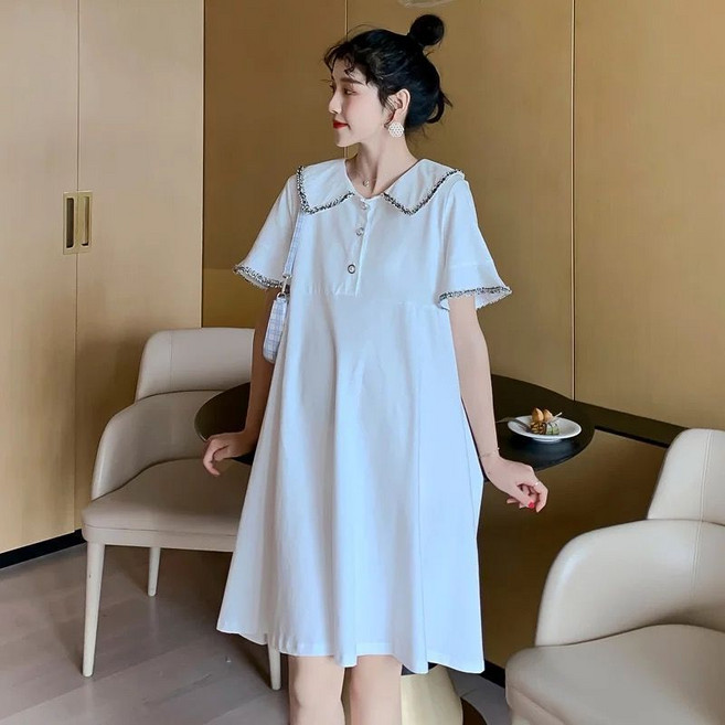 임산부 미디 원피스 짧은 소매 귀여운 레이스 장식 캐주얼 JS