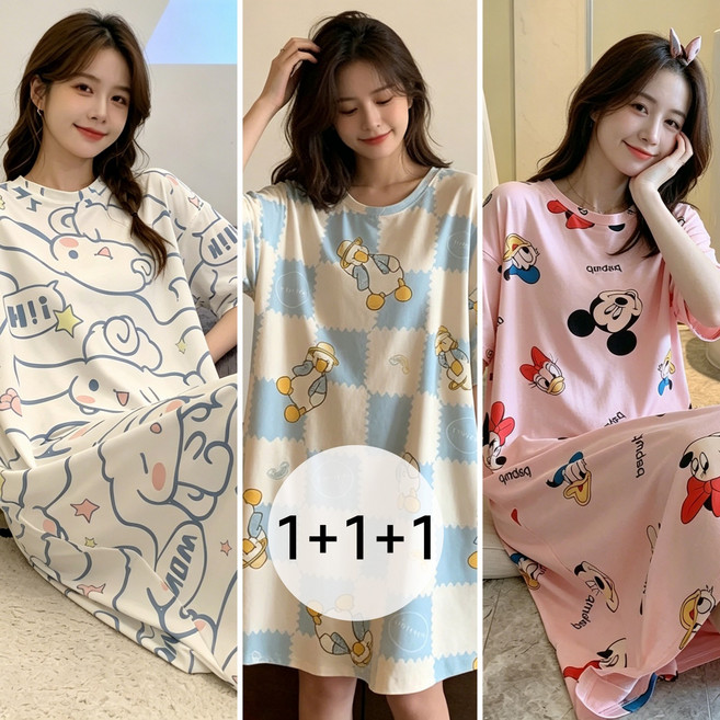 FoxFocus 1+1+1 여성 여름 반팔 원피스 잠옷 세트 빅사이즈 오버핏 홈웨어 파자마 캐릭터 루즈핏 수면잠옷