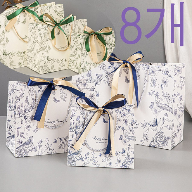 레오큐 선물 포장 답례품 고급 리본 쇼핑백, 8개, 베이지그린