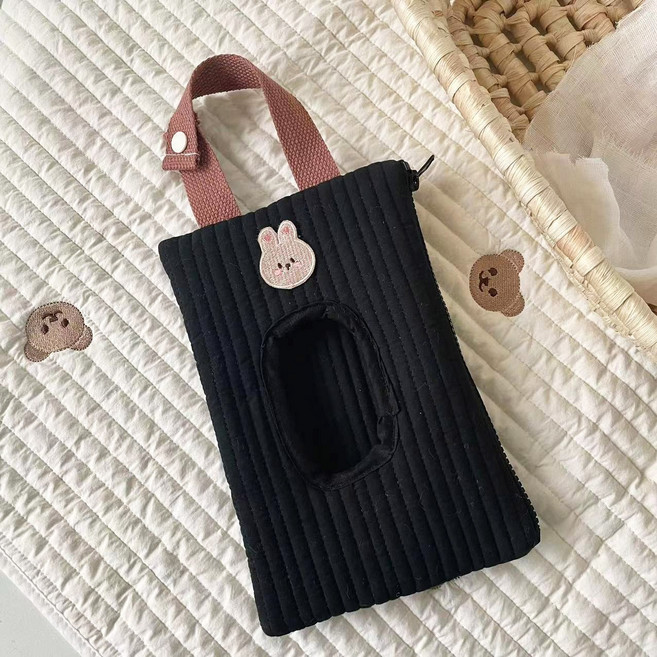 차량용 & 휴대용 대형 물티슈 파우치 벽걸이 누빔 케이스 커버, 블랙-토끼, 1개