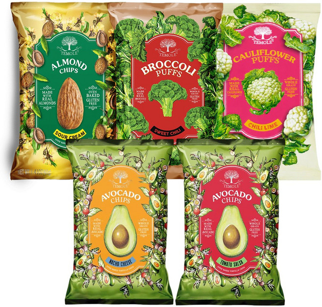 테몰 인기스낵 5종 세트 (아보카도칩 토마토살사40g + 나쵸치즈40)+(컬리플라워 퍼프 칠리라임 56g)+(브로콜리 퍼프 스위트칠리 56g) + (아몬드칩 사우어크림 40g)