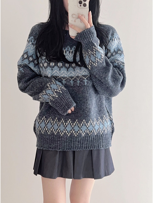 노르웨이 눈꽃 노르딕 아가일 자수 오버핏 니트 4color