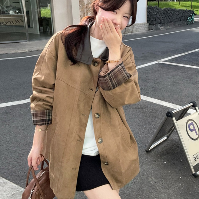 여성용 레더 배색 카라 체크 안감 루즈핏 빈티지 하이넥 자켓 아우터