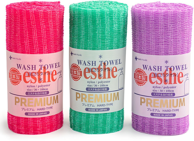 에스더 프리미엄 일본 샤워타올 3종 세트 하드타입, 레드 + 그린 + 퍼플, 3개입, 1세트