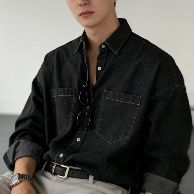 KDNC 남성 워싱 데일리 루즈핏 캐주얼 긴팔 투포켓 데님셔츠