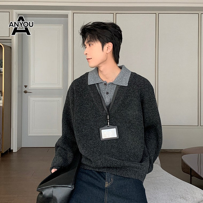 ANYOU 남성 니트 V넥 스웨터 감성 레이어드 디자인 빈티지 카라 니트 봄가을 올드 머니 스타일