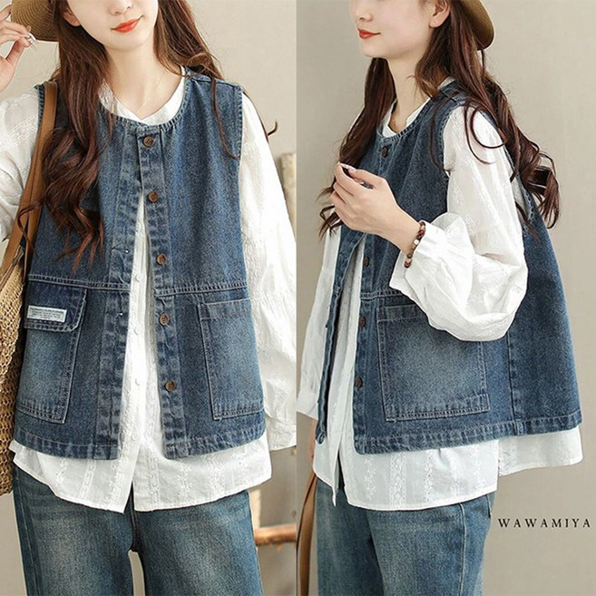 빅사이즈 캐주얼 루즈핏 데님 조끼 봄 가을 여름 라운드넥 민소매 자켓 청자켓 여성용 코트 베스트 WAWAMIYA