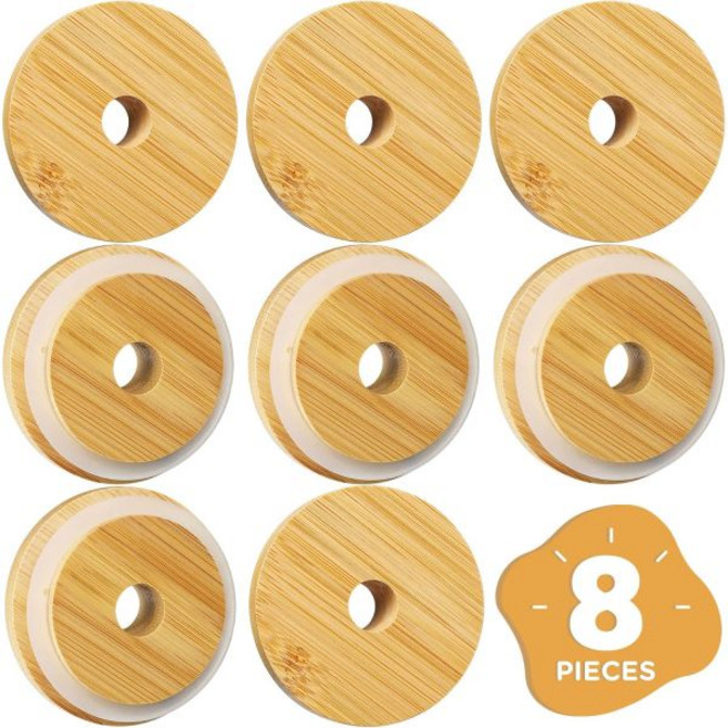 86mm 넓은 입 Bamboo 메이슨 자 병 뚜껑 스트로 구멍 포함 SBMKK 목재 8개 세트, 넓은 입구 8개