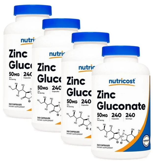 뉴트리코스트 글루콘산 아연 징크 50mg 캡슐 Nutricost Zinc Gluconate, 240정, 4개 - 쿠팡